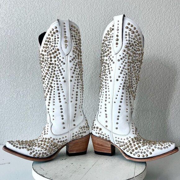 Lane DOLLY White Cowboy Boots Womens 6.5 Gold Bling Western Wedding Bridal Tall - Picture 7 of 11